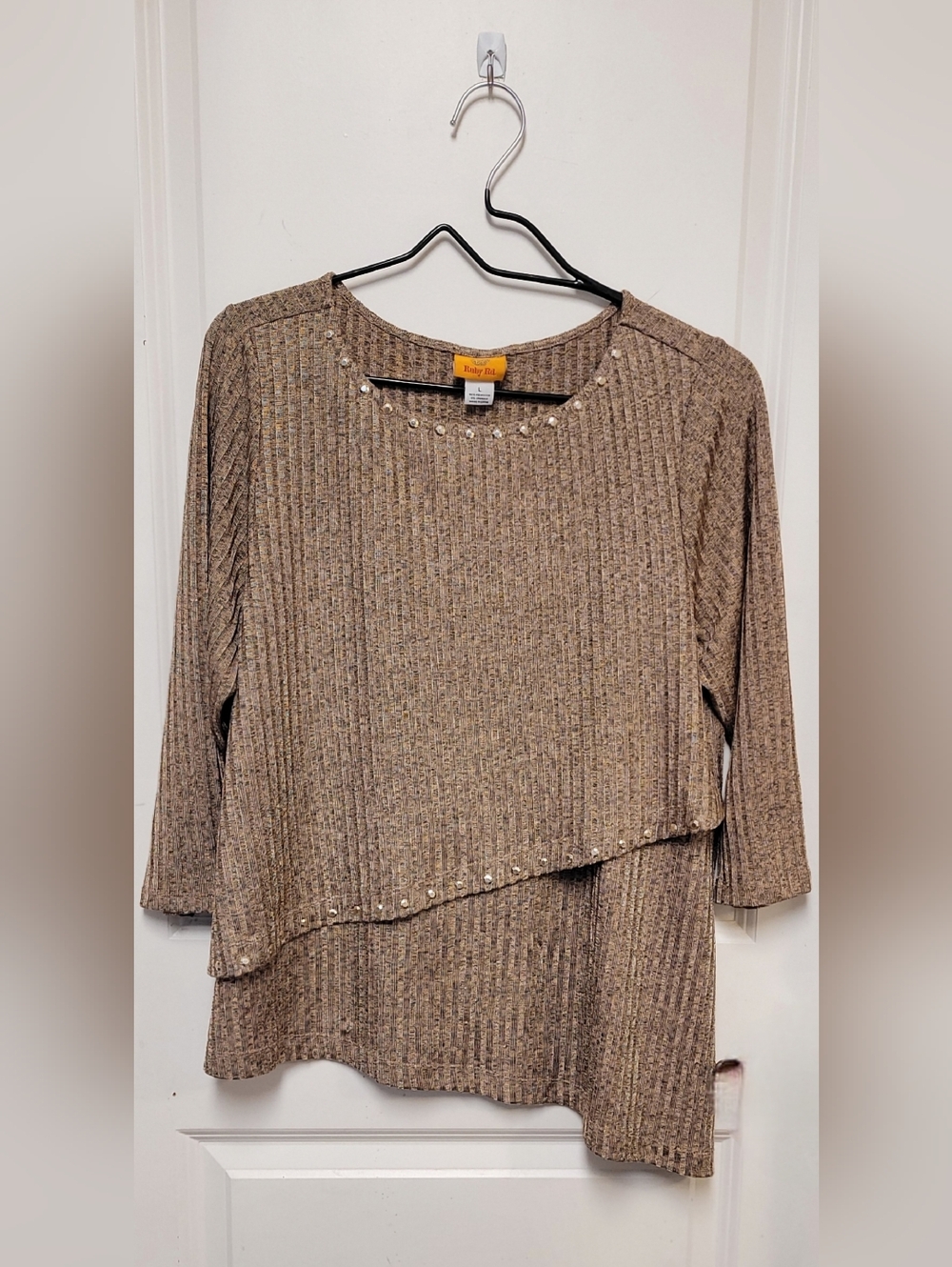 Ruby Rd. Gold Shimmer Rivet Trim Long Sleeve Knit Bouse